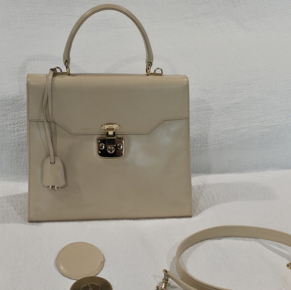 Gucci Lady Lock Kelly 28 Cream Calf Leather Bag Strap Box Classic Luxury Purse